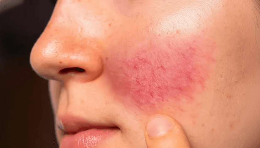Woman's cheek with rosacea redness